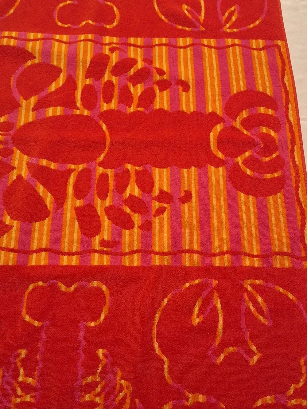 Vtg 90s Palm Cove Lobster Beach Towel Red Orange Pink Ocean 57x30 Inch Retro